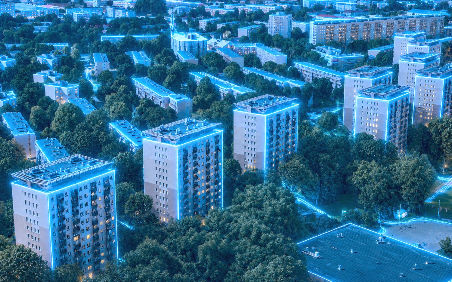 Panorama osiedla Piastów w Rzeszowie z zabudową mieszkaniową i siecią DATA-COM.
