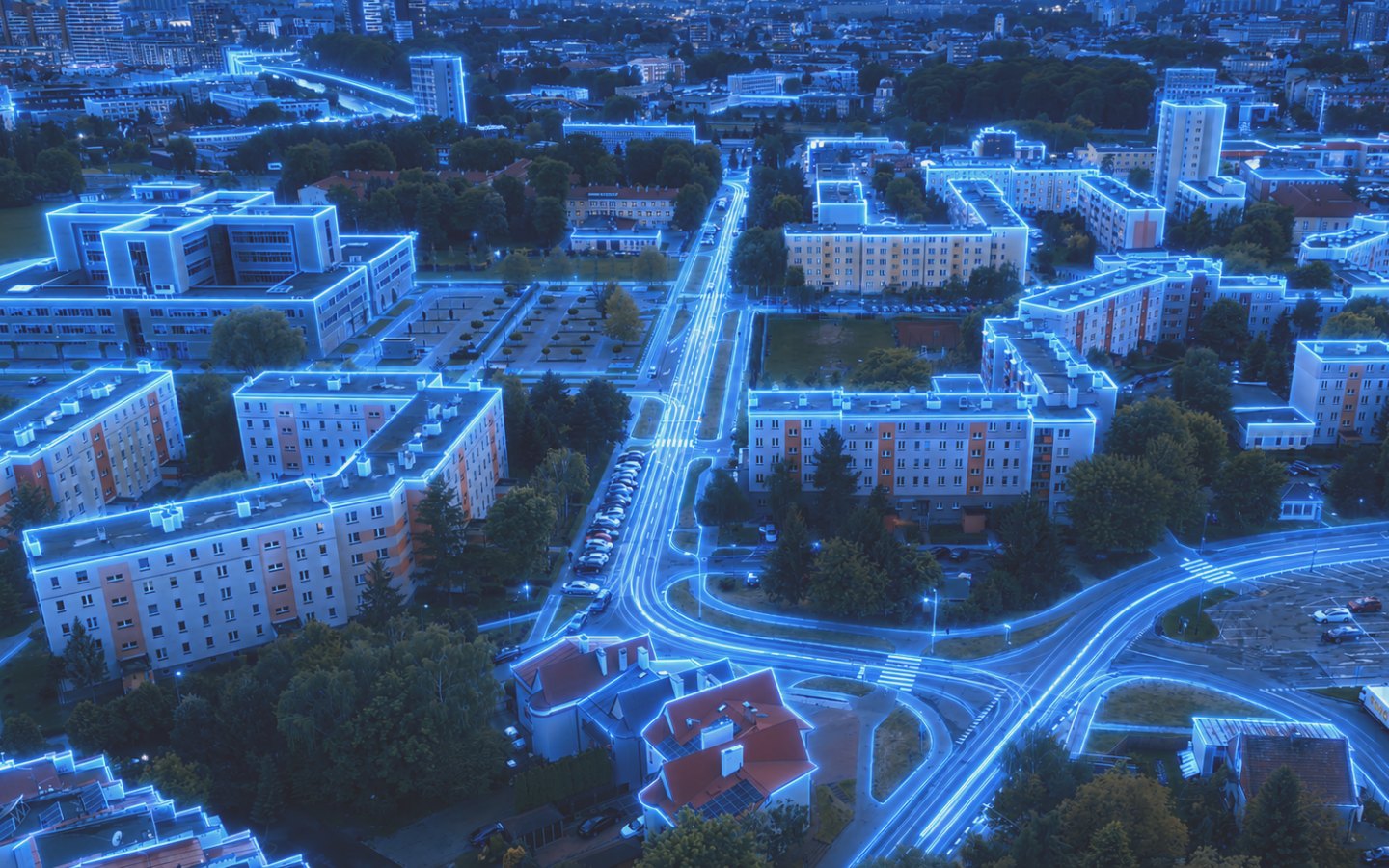 Panorama osiedla Mieszka I w Rzeszowie z zabudową mieszkaniową i siecią DATA-COM.