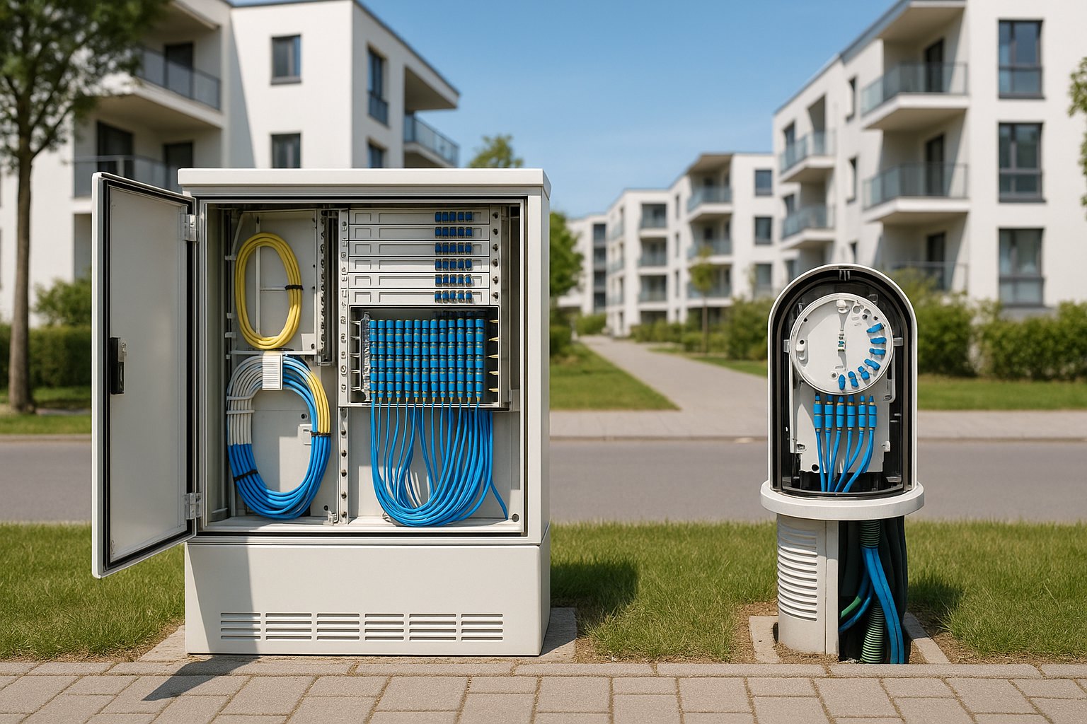 Nowoczesna infrastruktura FTTH z estetycznym punktem dystrybucji światłowodu na osiedlu mieszkaniowym.