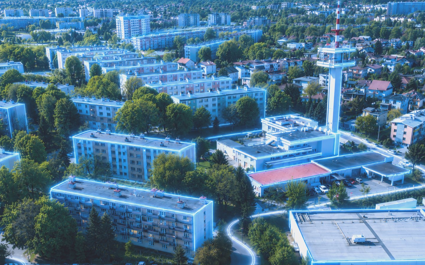 Panorama osiedla Generała Władysława Andersa w Rzeszowie z wieżą telewizyjną.