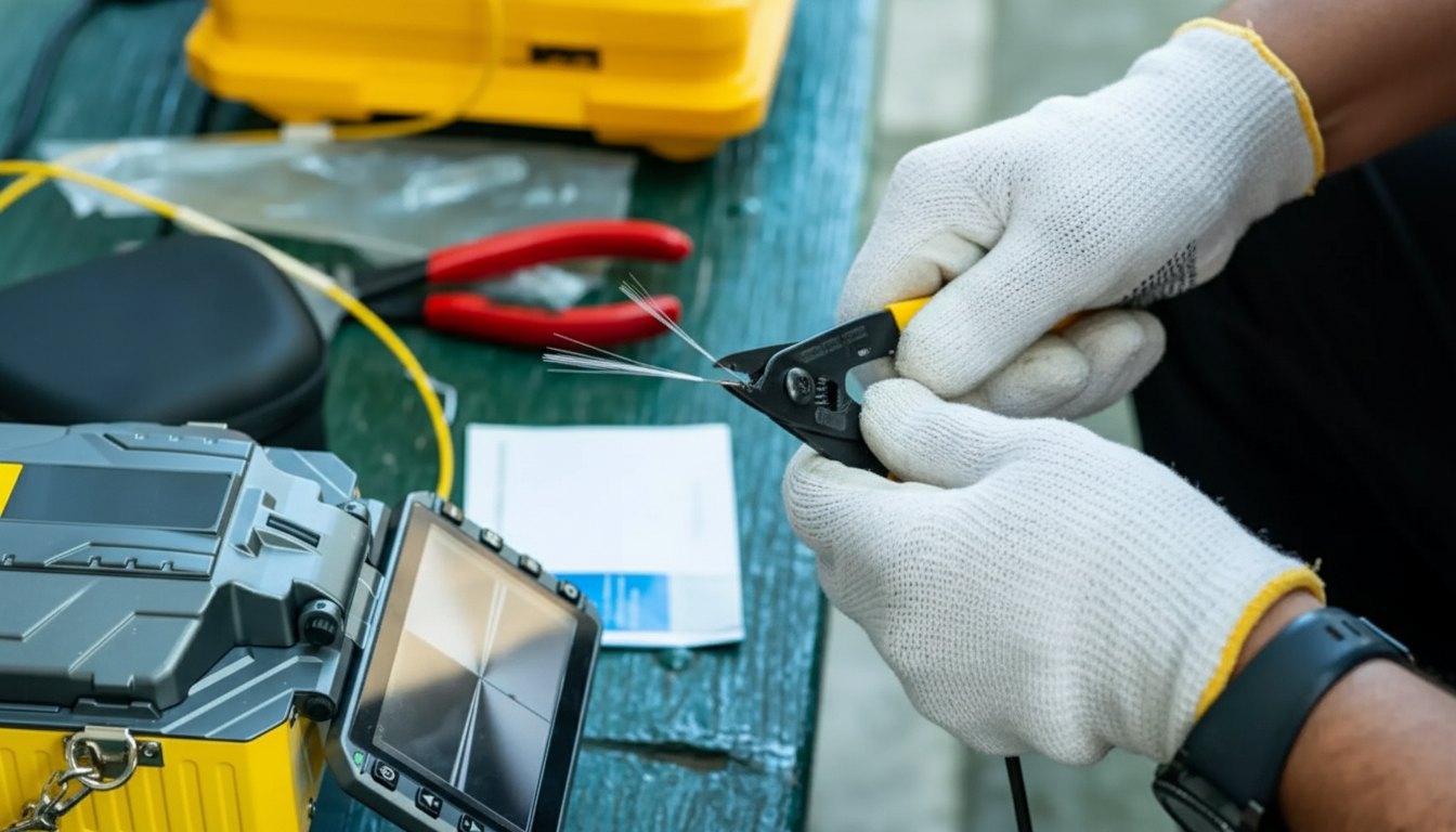 Technik DATA‑COM przygotowujący instalację światłowodową FTTH.