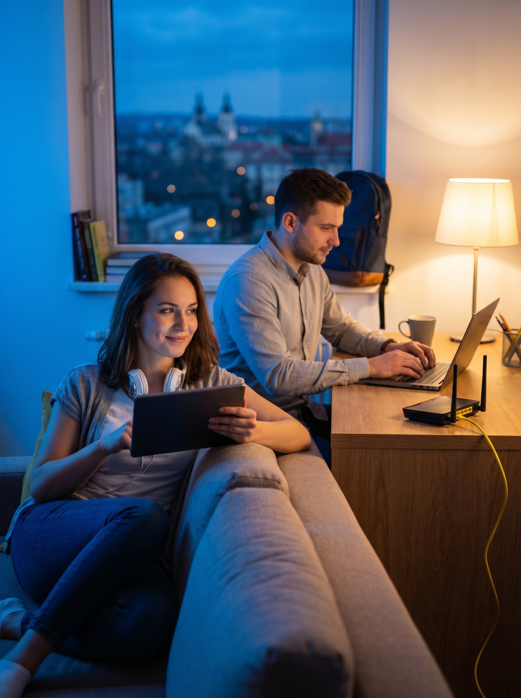 Dorośli studenci korzystający z Internetu w wieczornym pokoju wynajmowanego mieszkania.