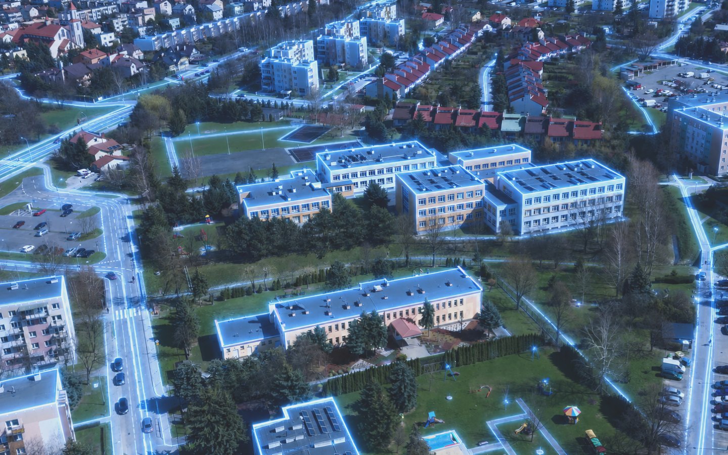 Panorama osiedla Paderewskiego w Rzeszowie z zabudową mieszkaniową i siecią DATA-COM.