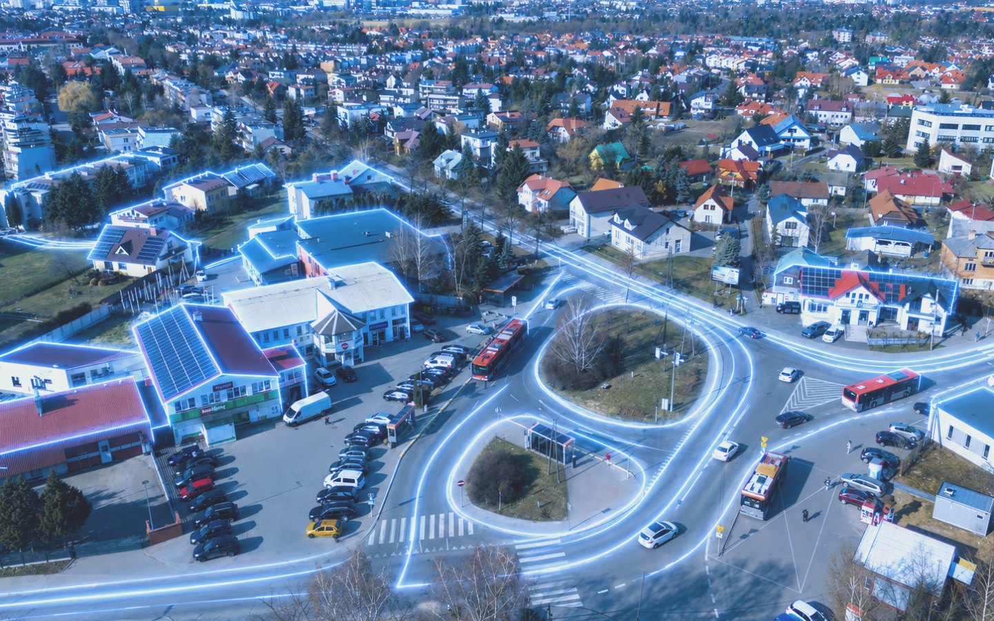 Panorama osiedla Zalesie w Rzeszowie z pętlą autobusową i zabudową mieszkaniową.