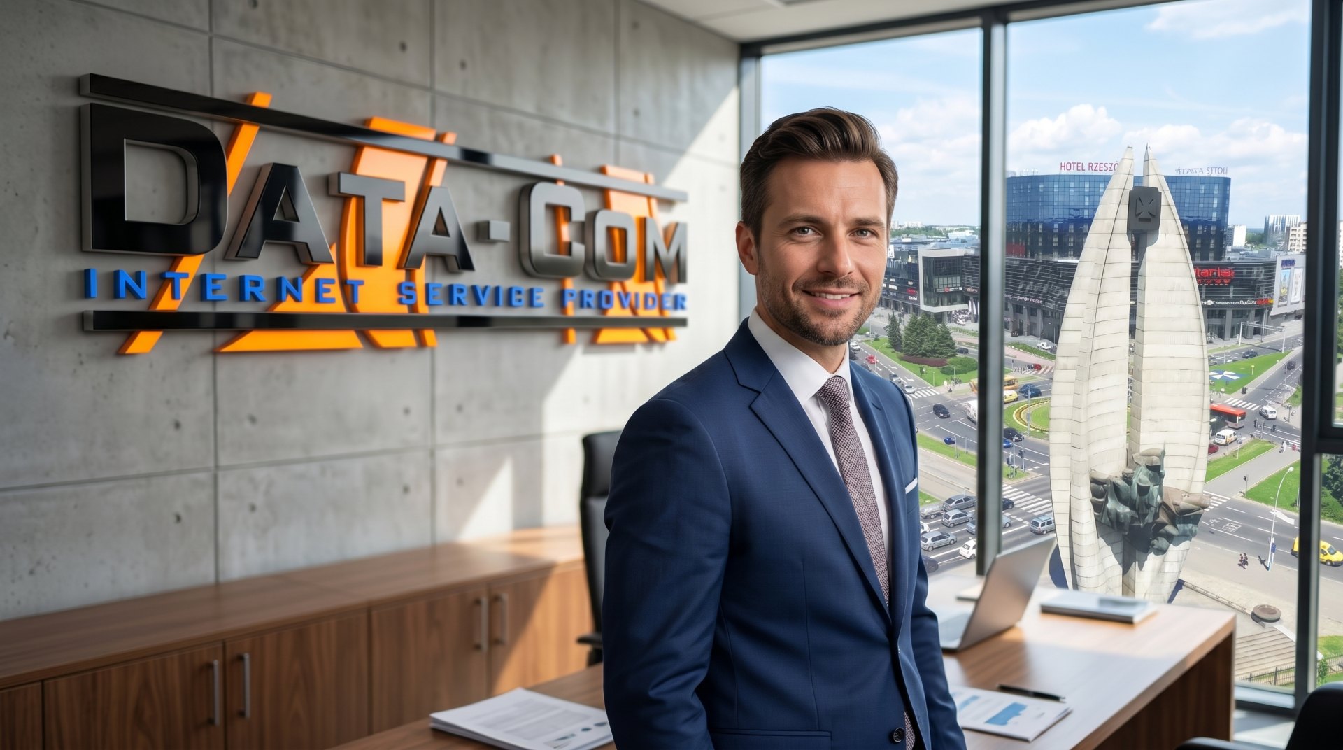 Zdjęcie promocyjne DATA‑COM w biurze z widokiem na Rzeszów.