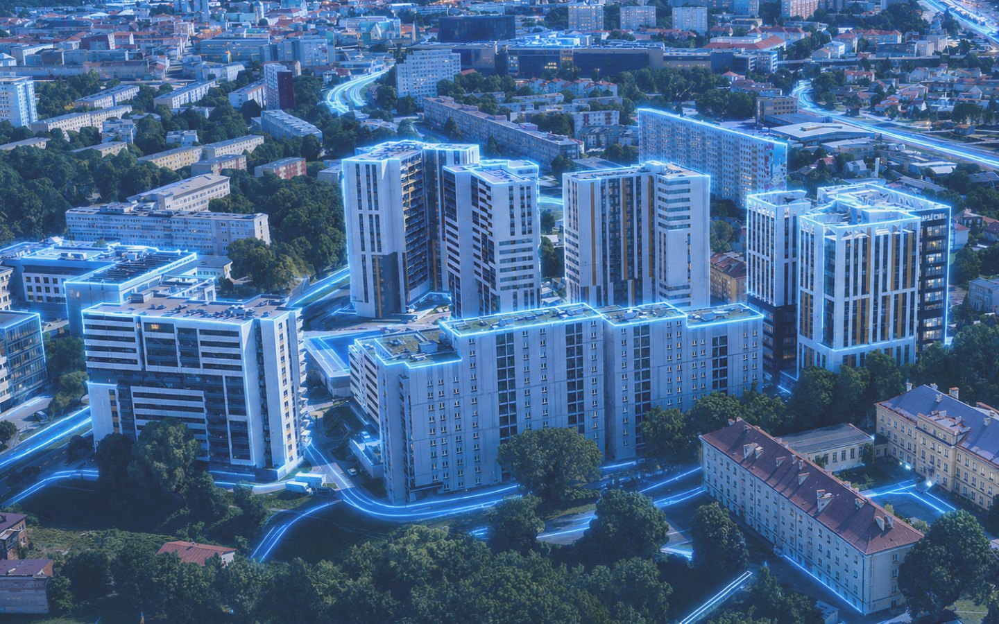 Panorama osiedla 1000 lecia w Rzeszowie z zabudową mieszkaniową i siecią DATA-COM.