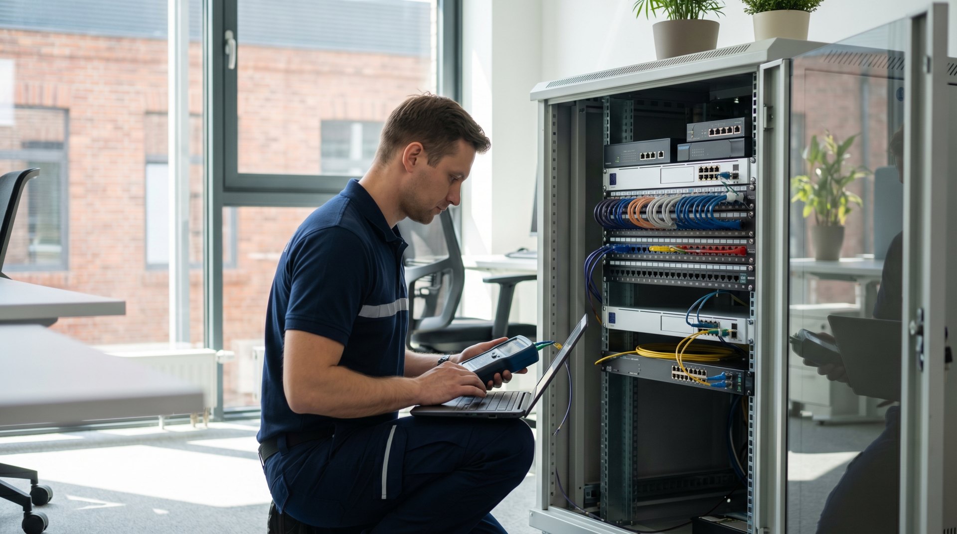 Technik DATA‑COM konfigurujący szafę rack i urządzenia sieciowe w nowoczesnym biurze.