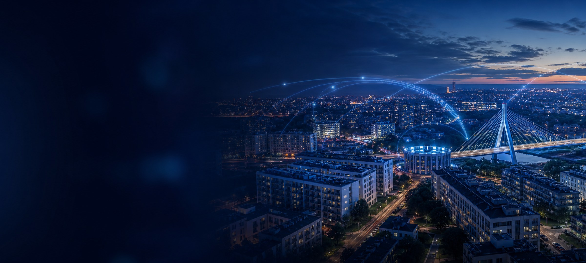 Panorama Rzeszowa z liniami symbolizującymi sieć DATA-COM.