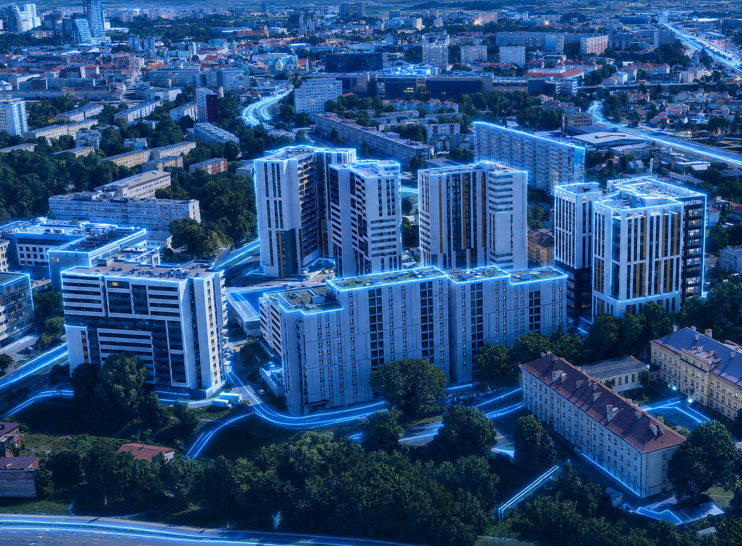 Wizualizacja zabudowy mieszkaniowej na osiedlu Tysiąclecia w niebieskiej stylistyce DATA-COM.