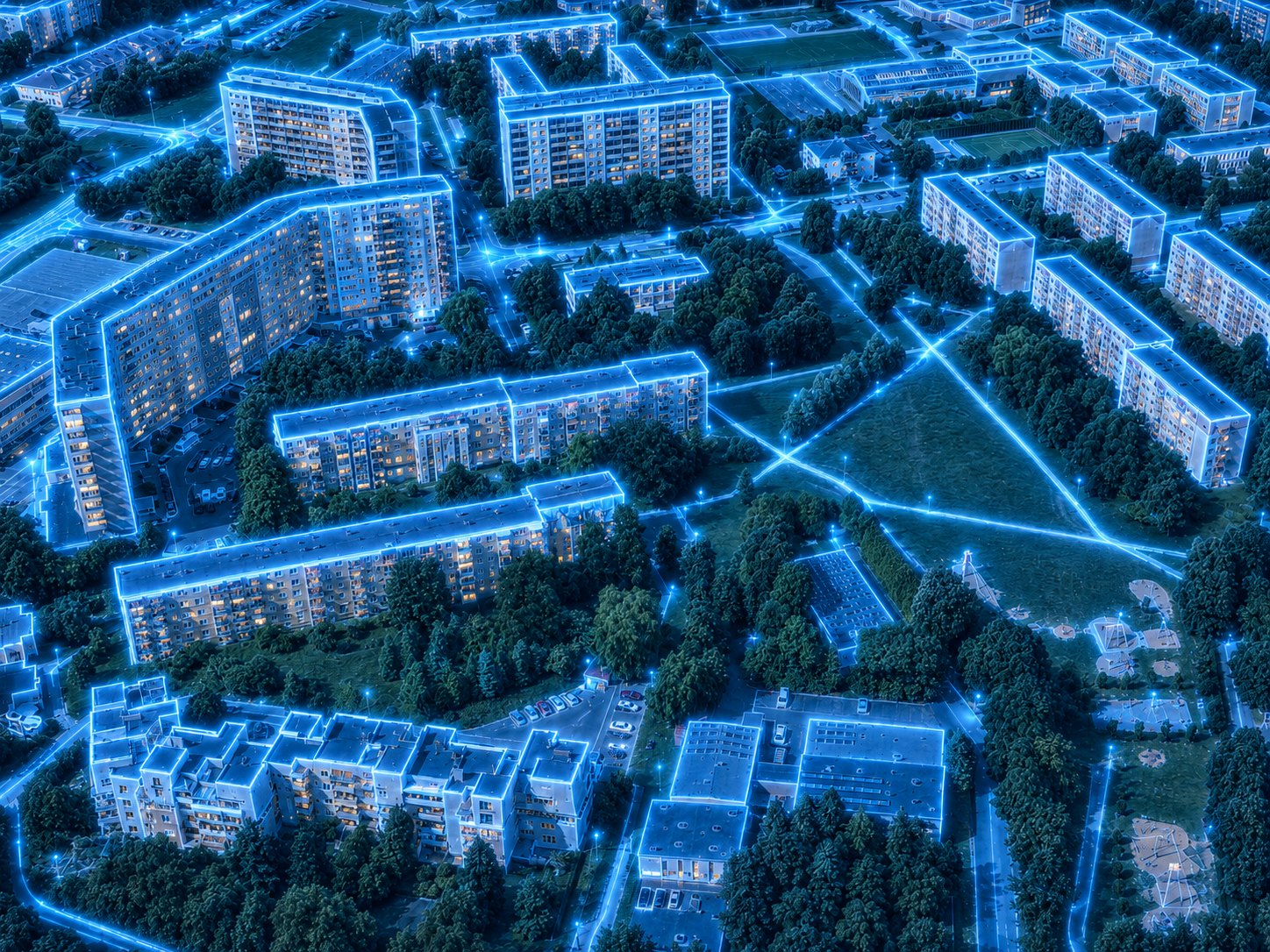 Panorama osiedla Baranówka w Rzeszowie z zabudową mieszkaniową i siecią DATA-COM.