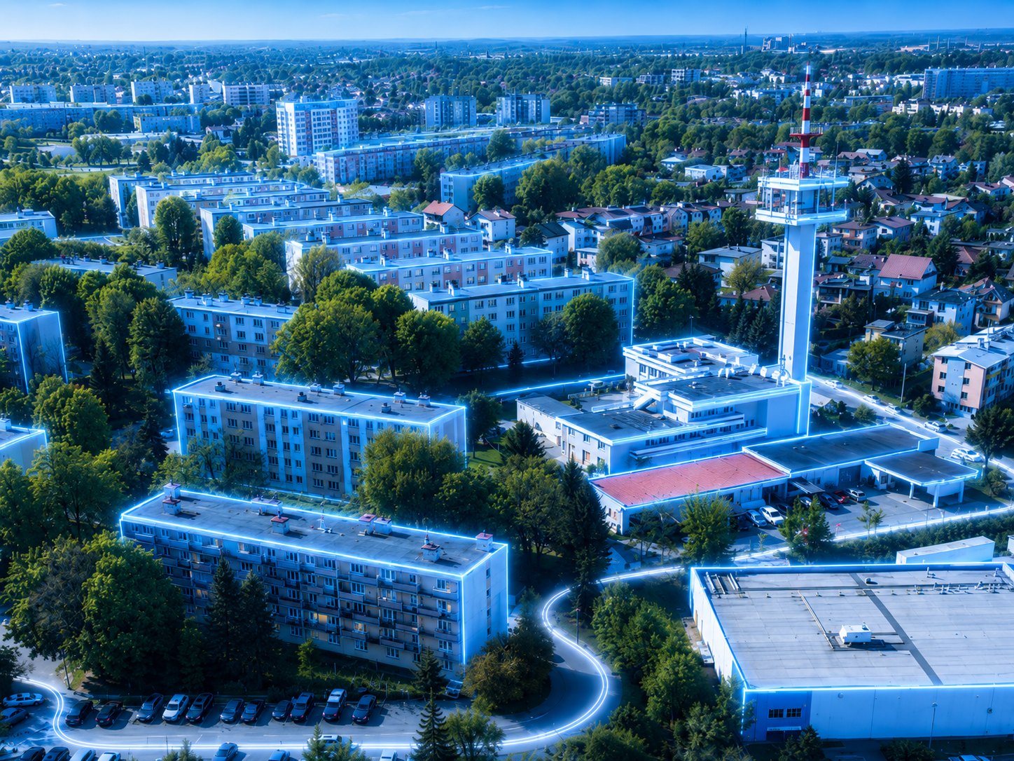 Panorama osiedla Generała Władysława Andersa w Rzeszowie z wieżą telewizyjną.