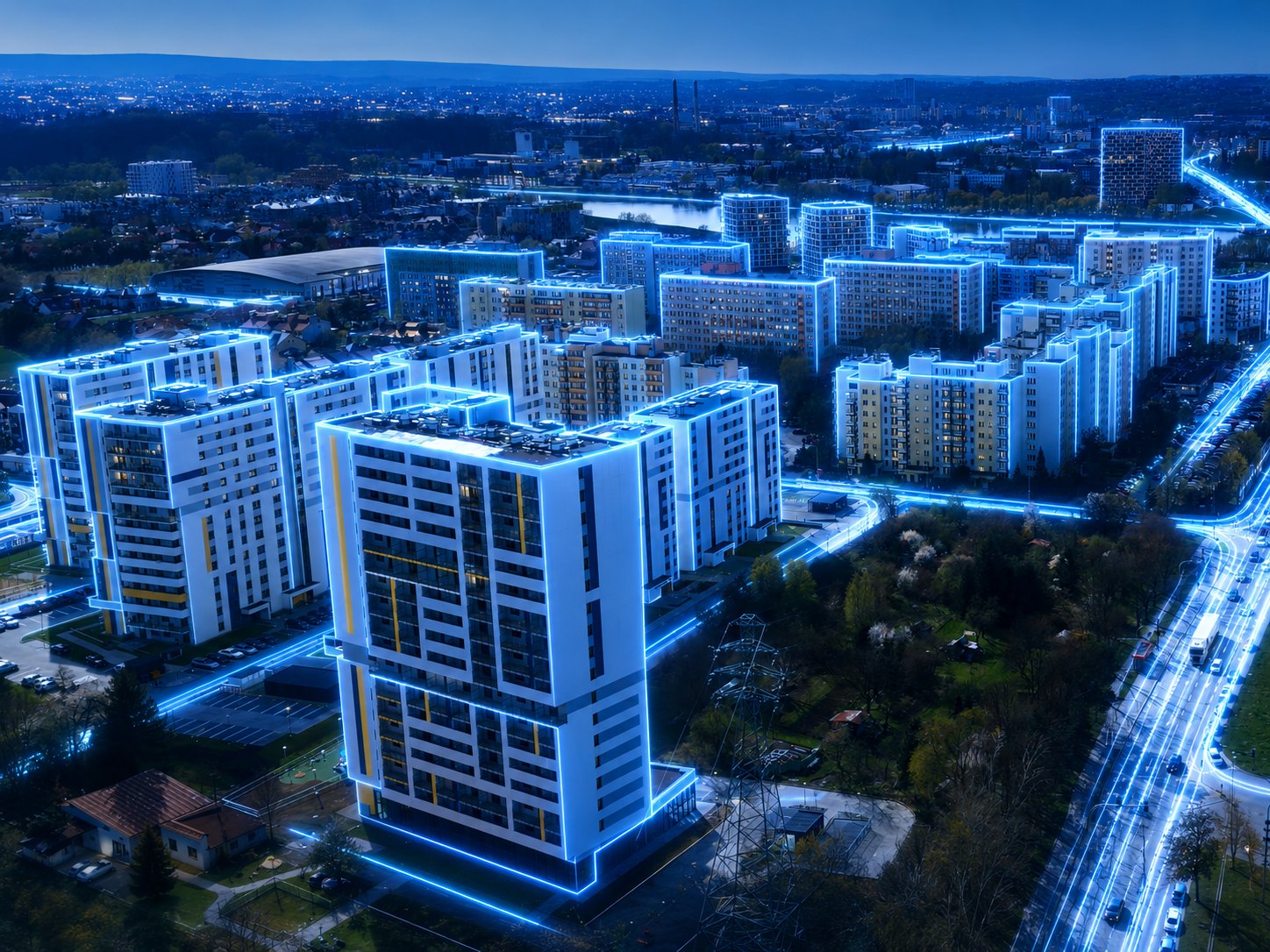 Panorama Drabinianki i ulicy Granicznej w Rzeszowie z zabudową mieszkaniową i siecią DATA‑COM.