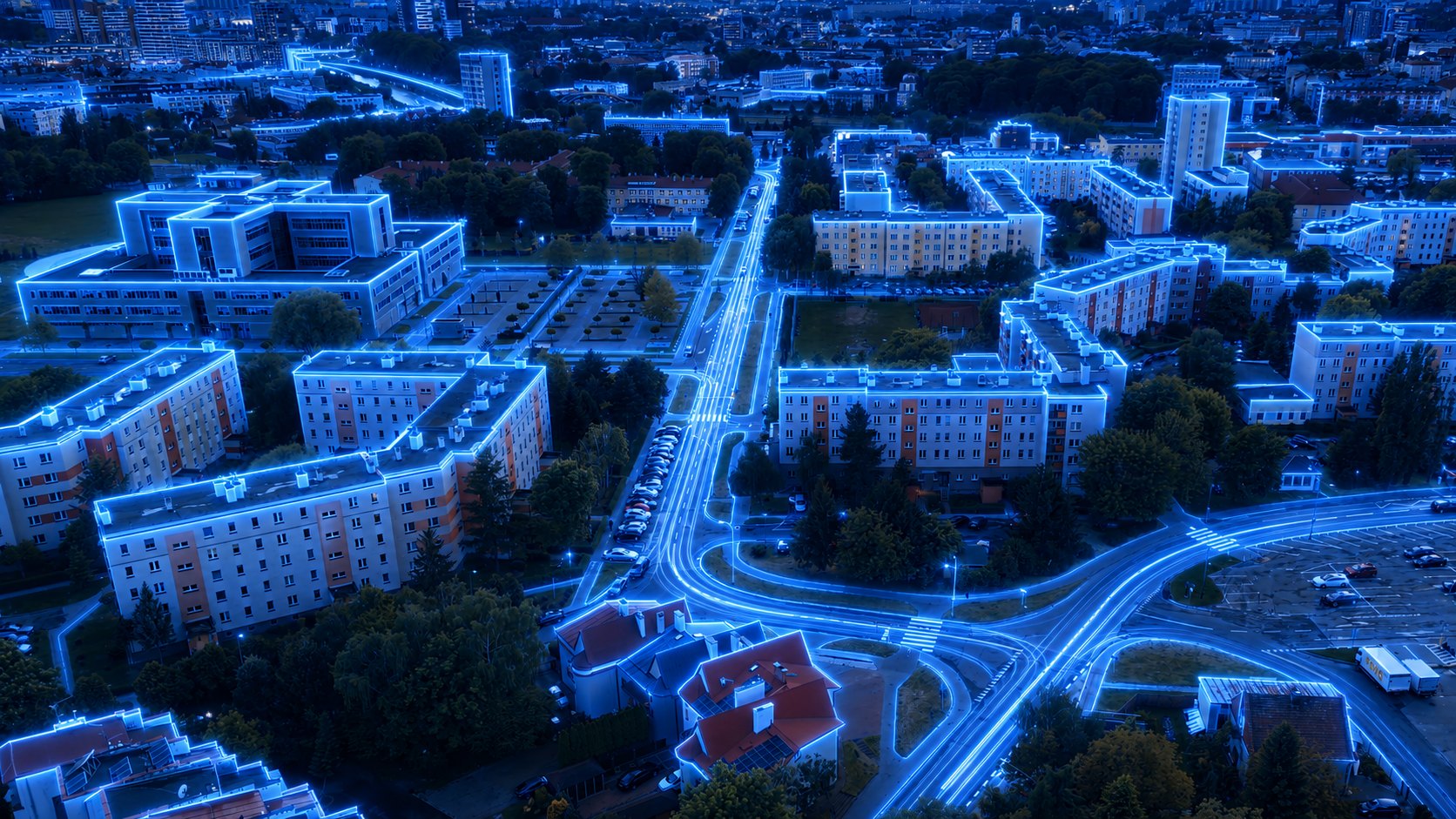Panorama osiedla Mieszka I w Rzeszowie z zabudową mieszkaniową i siecią DATA-COM.