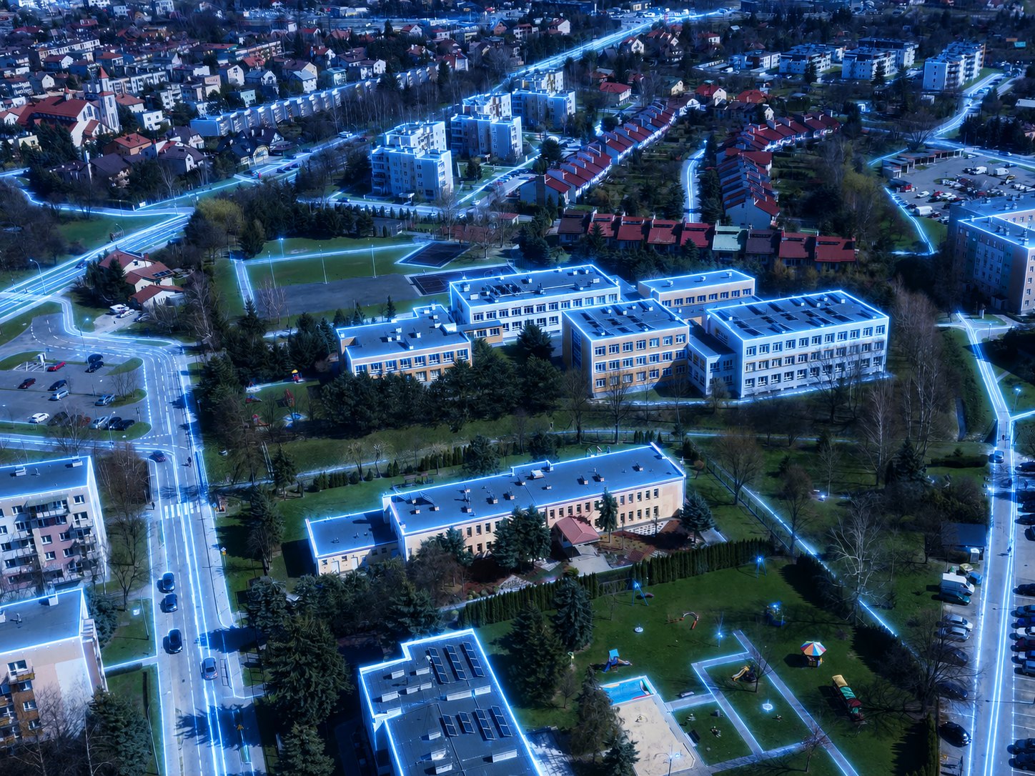 Panorama osiedla Paderewskiego w Rzeszowie z zabudową mieszkaniową i siecią DATA‑COM.