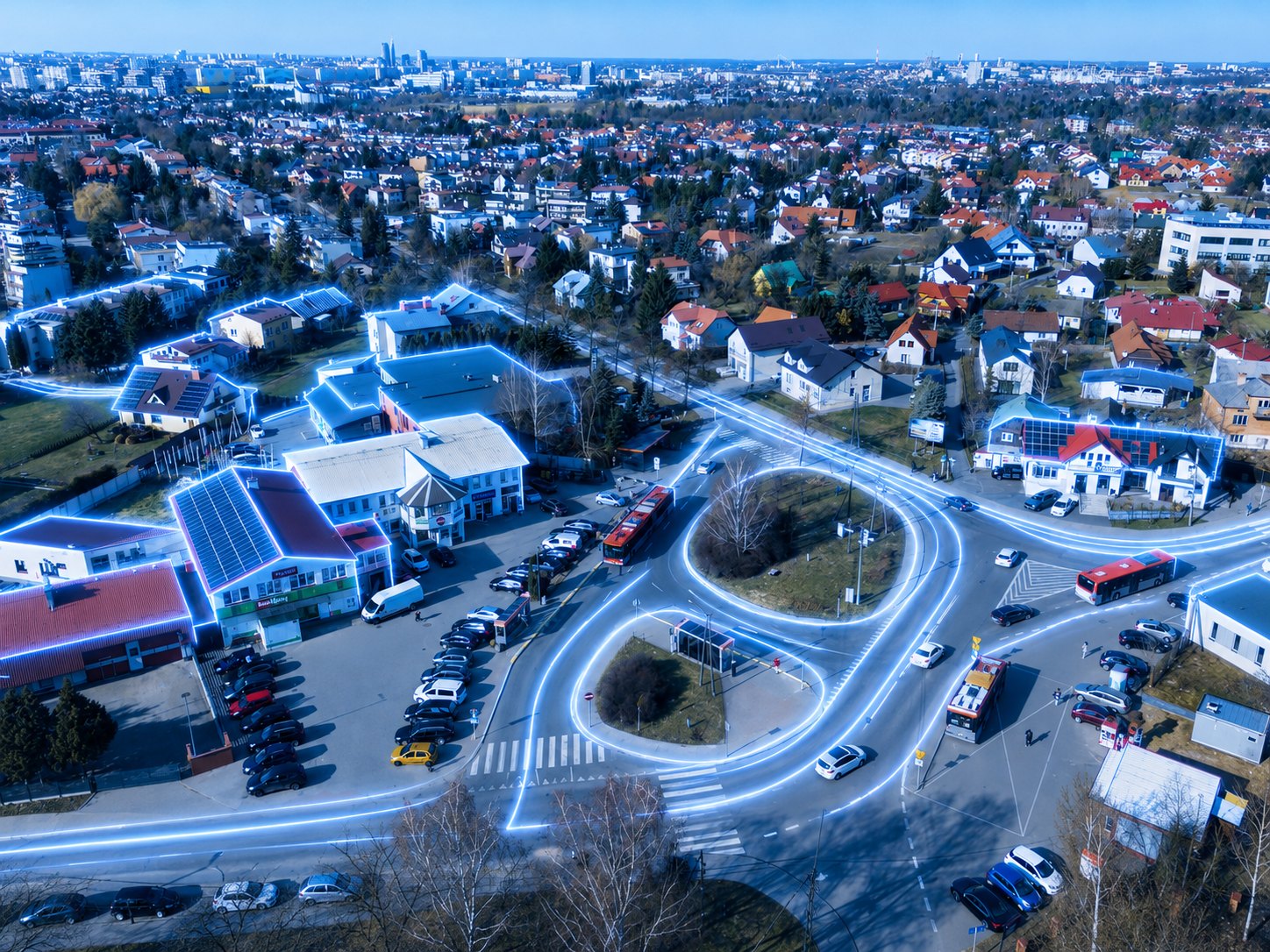 Panorama osiedla Zalesie w Rzeszowie z pętlą autobusową i zabudową mieszkaniową.