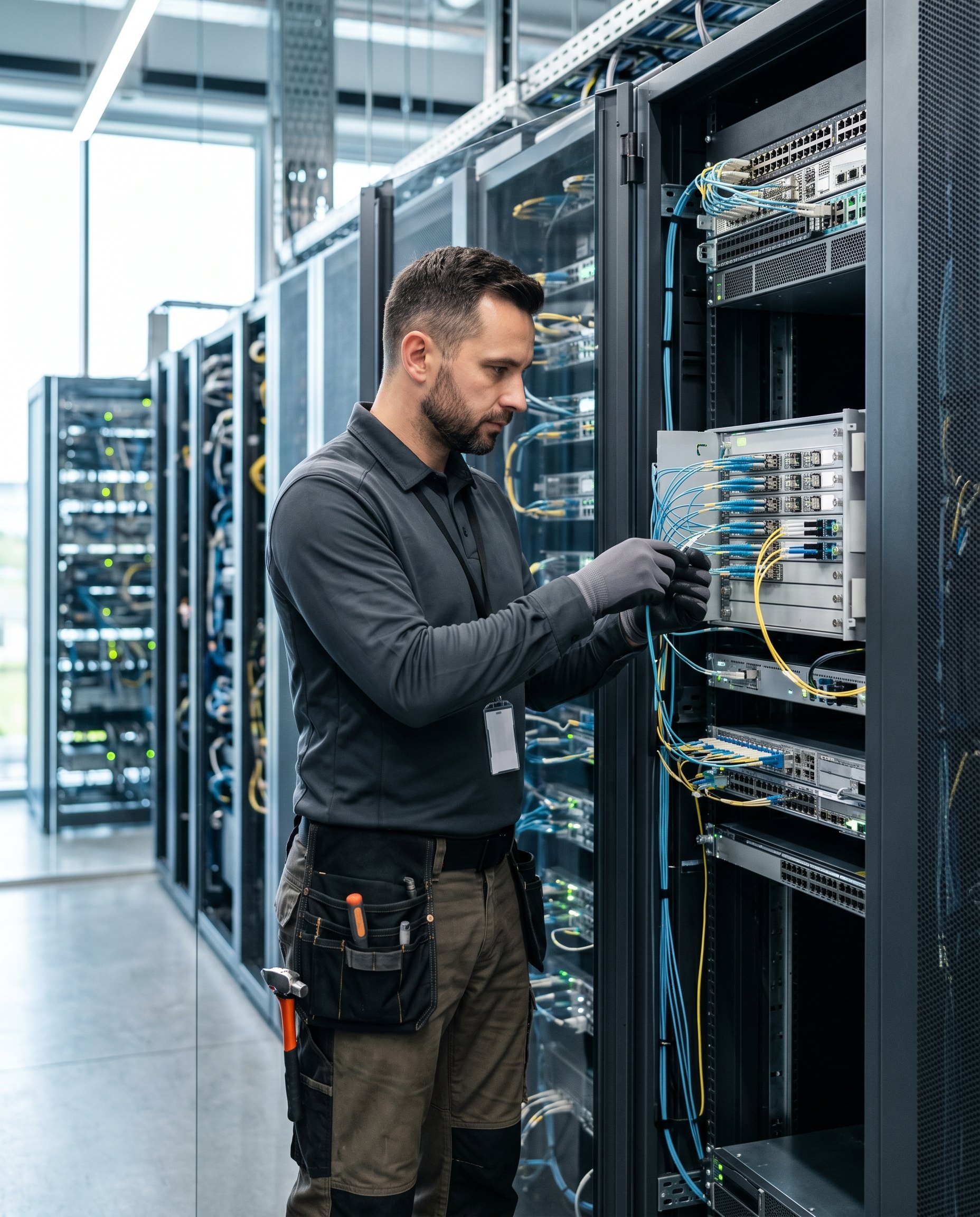 Technik DATA‑COM podłączający światłowody do urządzeń sieciowych w serwerowni.