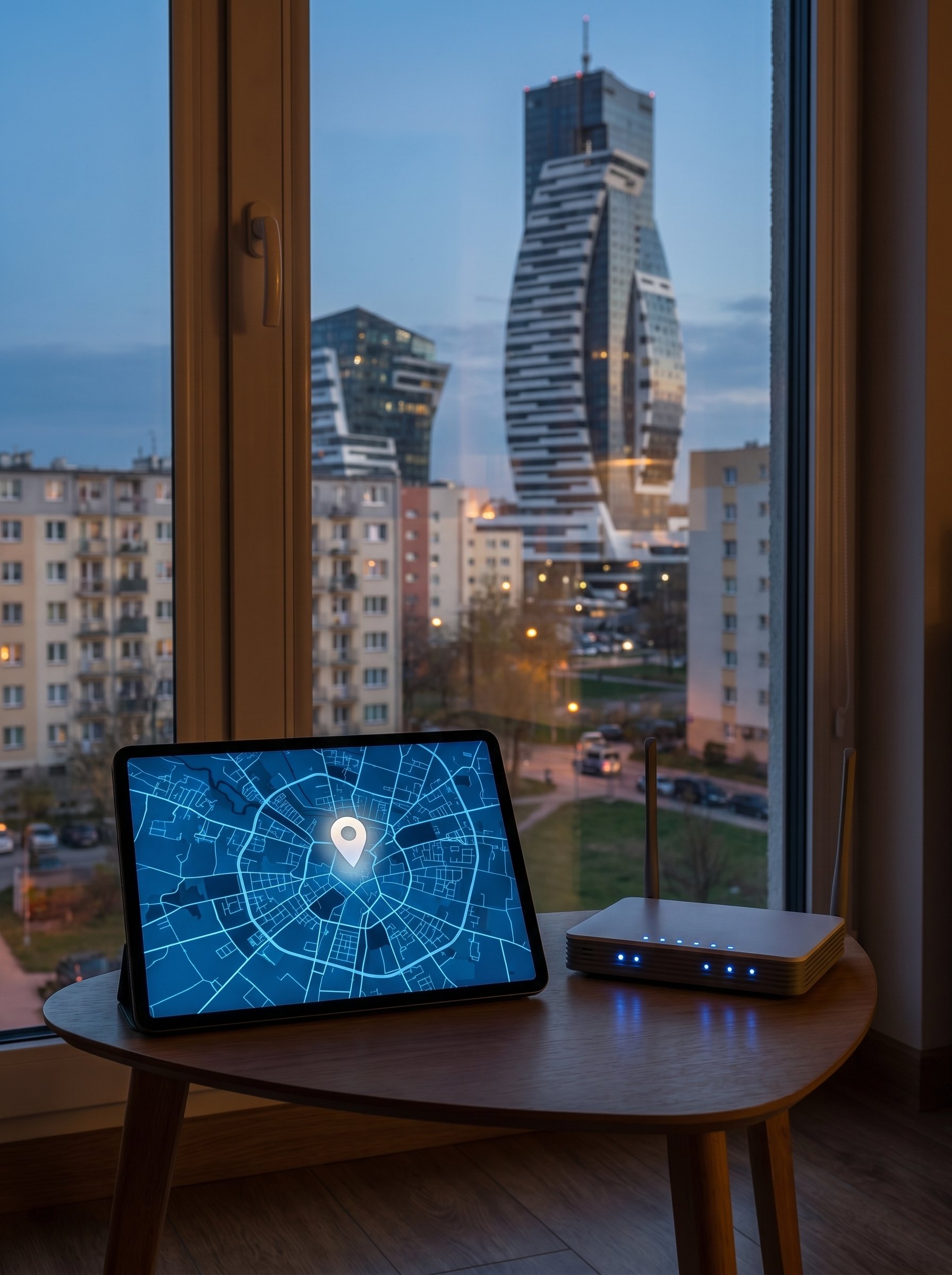 Router i mapa dostępności Internetu DATA‑COM przy oknie z widokiem na Rzeszów.