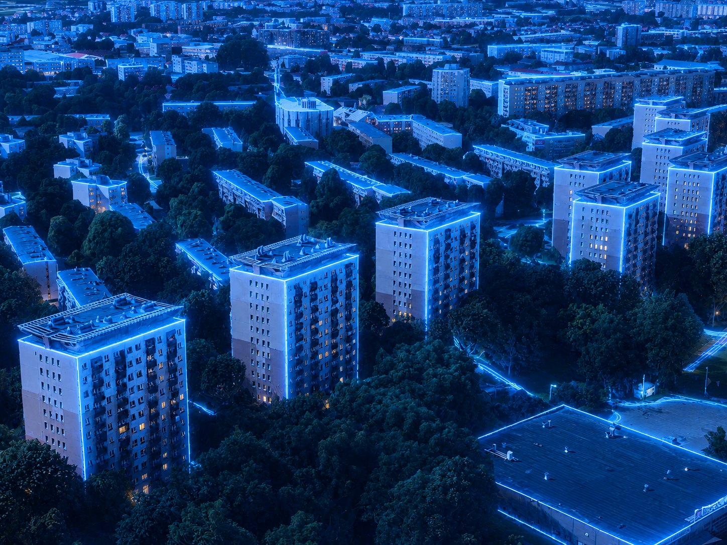 Panorama osiedla Piastów w Rzeszowie z zabudową mieszkaniową i siecią DATA-COM.