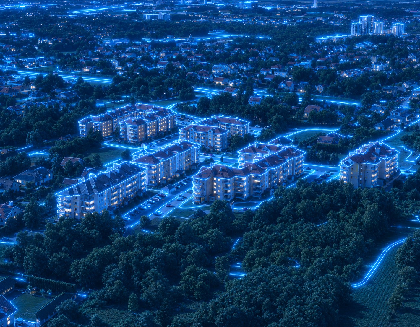 Wizualizacja zabudowy na osiedlu Wilkowyja w niebieskiej stylistyce DATA‑COM.